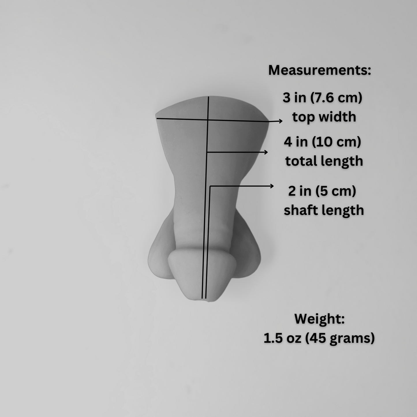 2 Inch (5 cm) STP Skin with measurements. Total lenght- 4 inches (10 cm). Shaft length- 2 inches (5 cm). Top Width- 3 inches (7.6 cm)