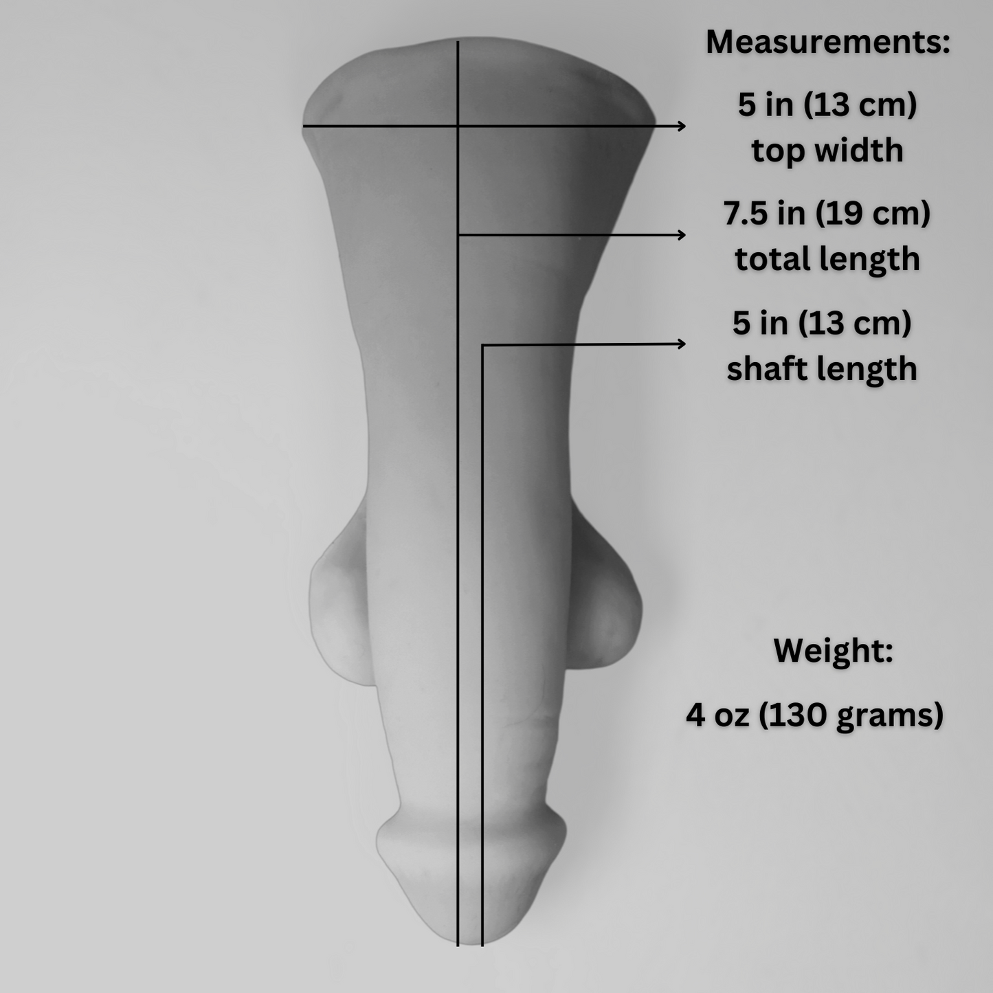 Image of 5 inch STP with measurements. Total length- 7.5 inches (19 cm). Shaft Length- 5 inches (13 cm). Top Width 5 inches (13 cm). Weight 4 oz (130 grams)