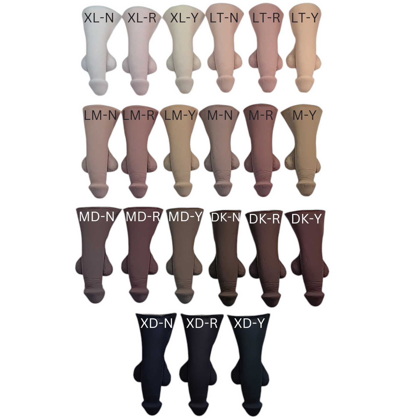 Image showing all 21 skin tones available in the 5 inch STP Skin