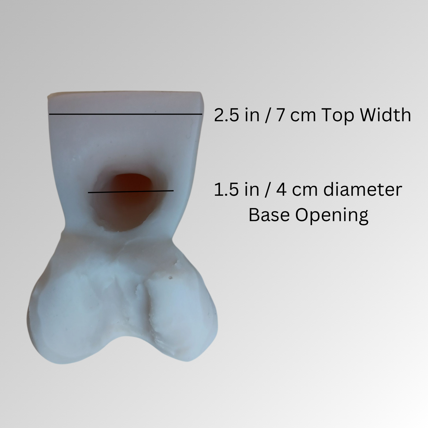 Measurements of the inside of the suction base for the 6 inch Action Toy. top Width measures 2.5 in (7 cm) across. Suction hole opening in the center of the base - 1.5 (4 cm) diameter.
