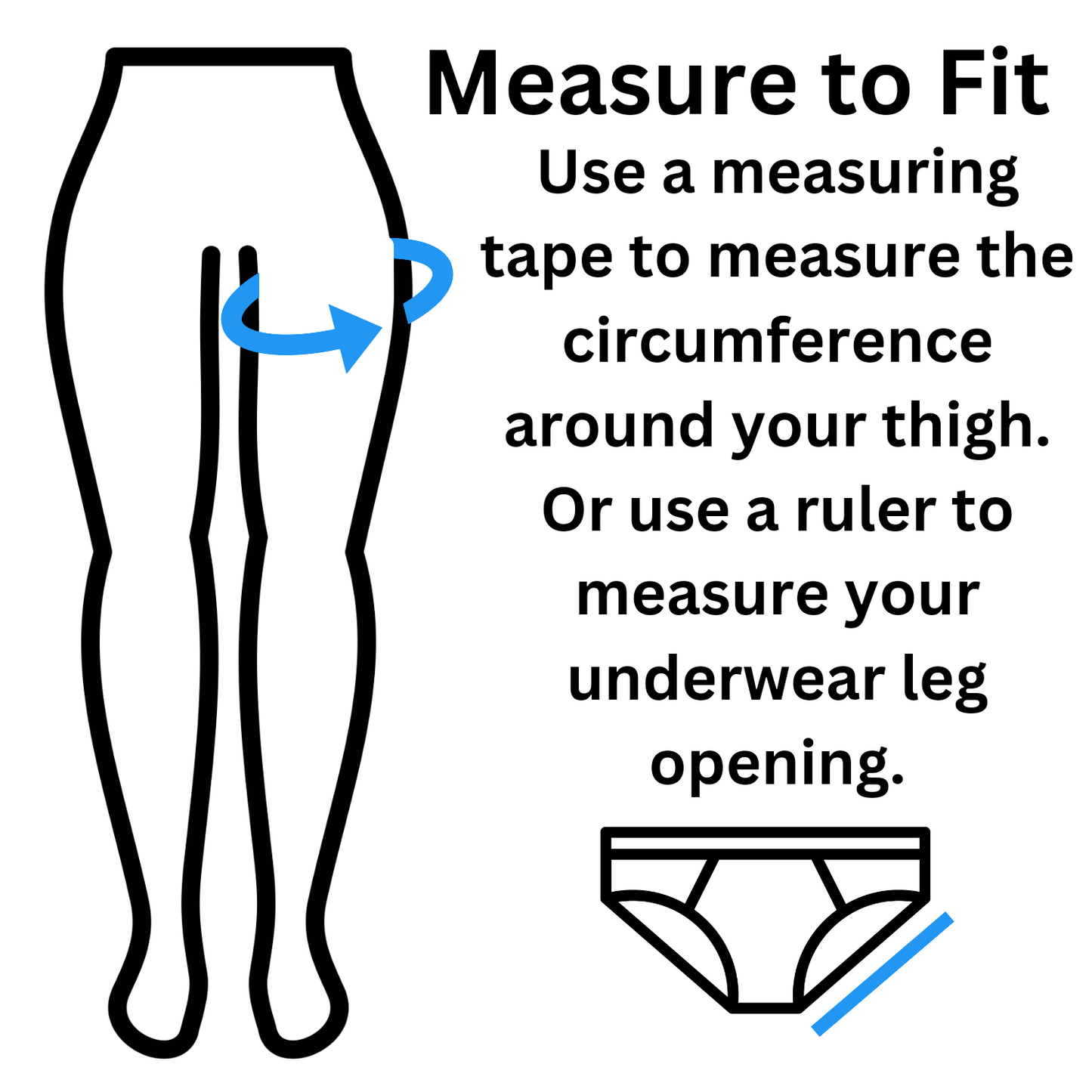 Illustration describing how to Measure to Fit the Slingshot harness- use a measuring tape to measure the circumference around your thigh. Or use a ruler to measure your underwear leg opening.
