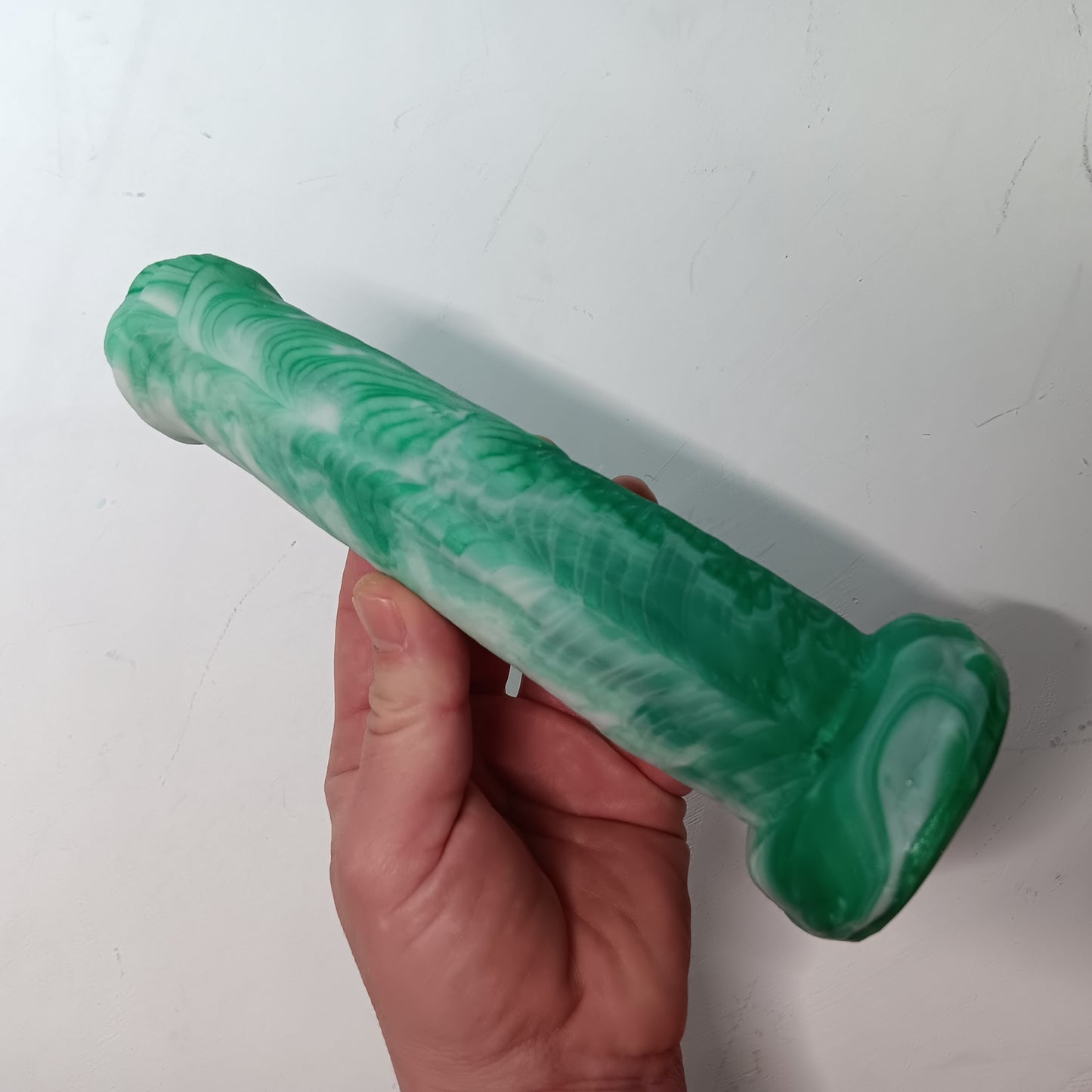 Green and White Unique B.J. Suction Dildo Platinum Silicone