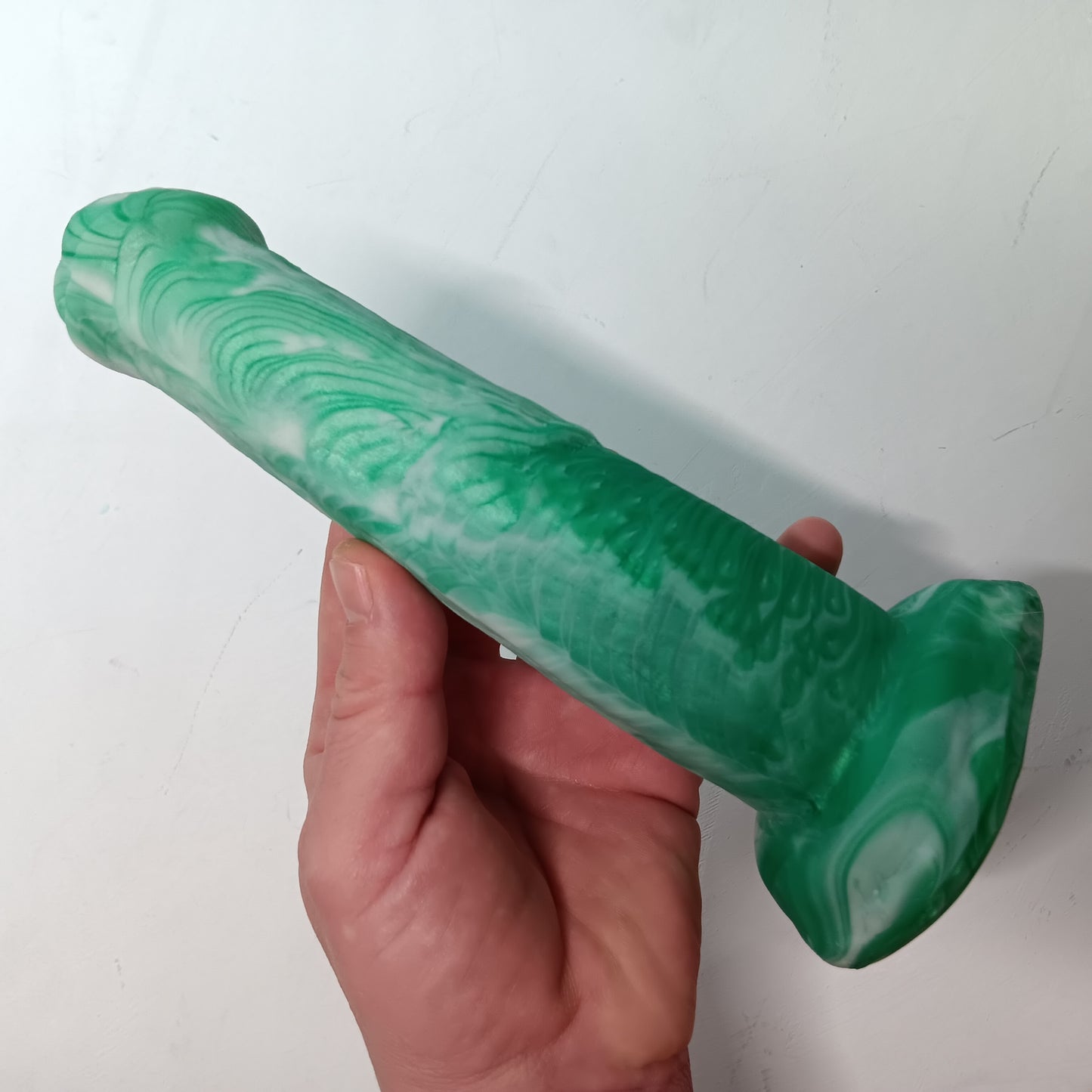 Green and White Unique B.J. Suction Dildo Platinum Silicone