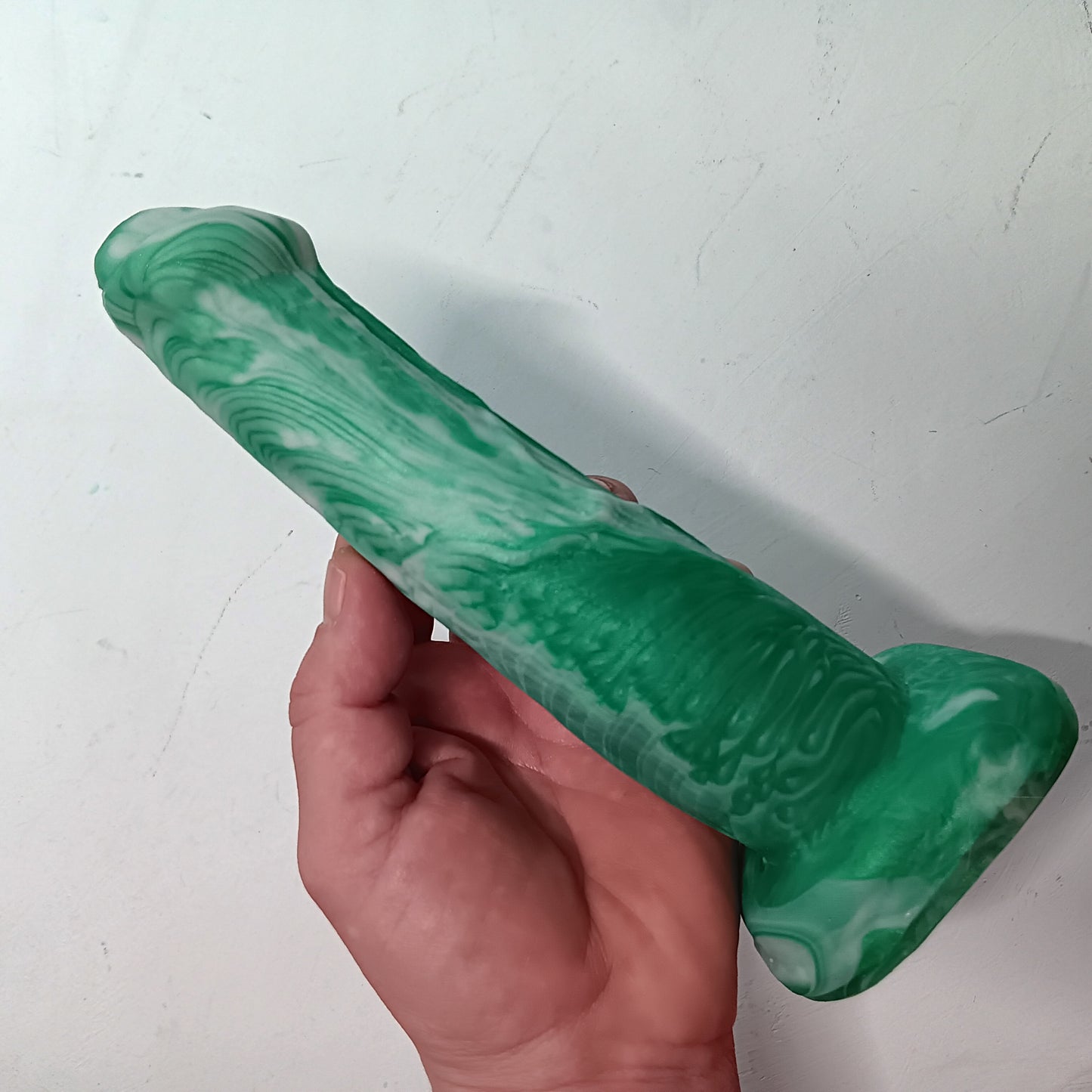 Green and White Unique B.J. Suction Dildo Platinum Silicone