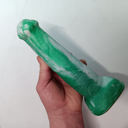 Green and White Unique B.J. Suction Dildo Platinum Silicone