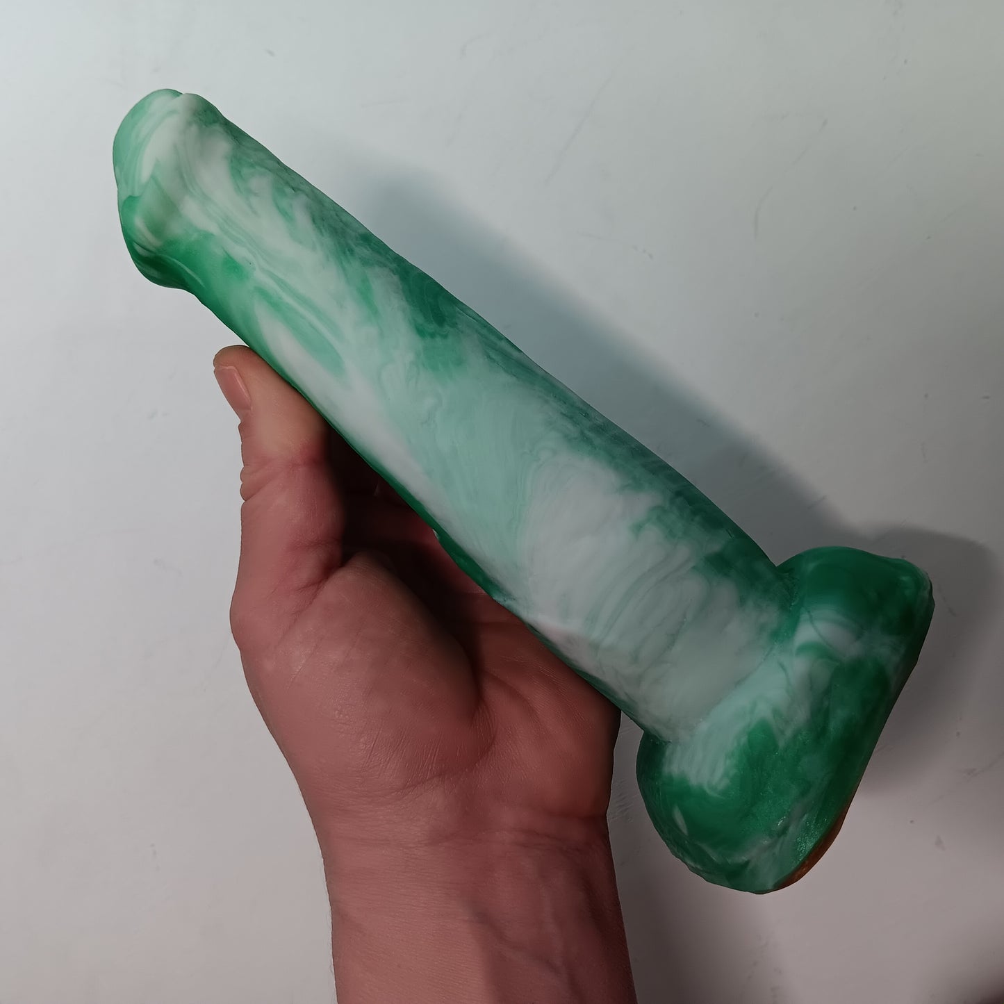 Green and White Unique B.J. Suction Dildo Platinum Silicone