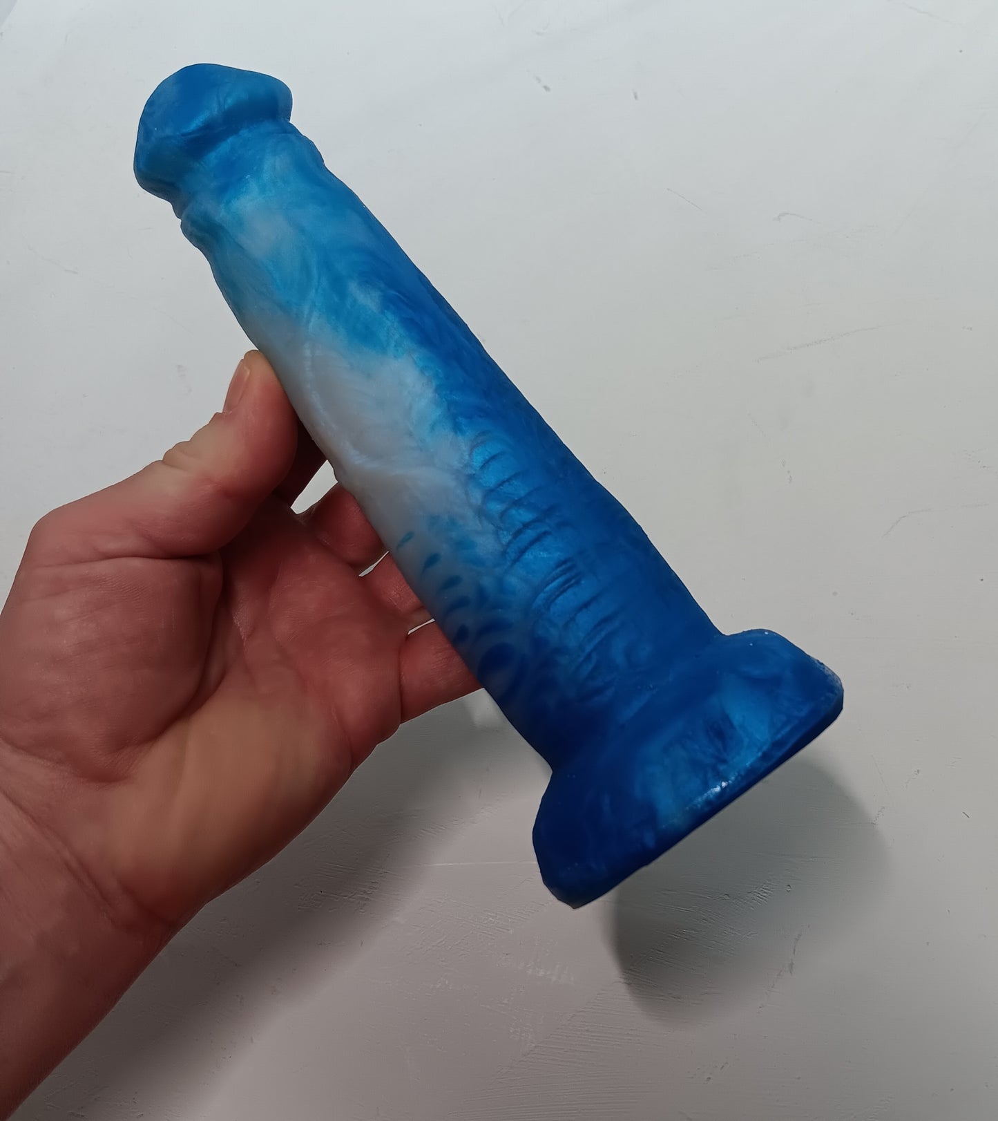 Shimmery Blue and Silver Unique B.J. Suction Dildo