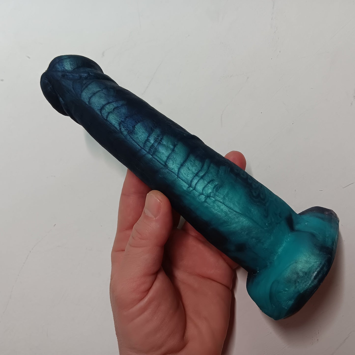 Shimmery Green Blue Black Unique B.J. Suction Dildo