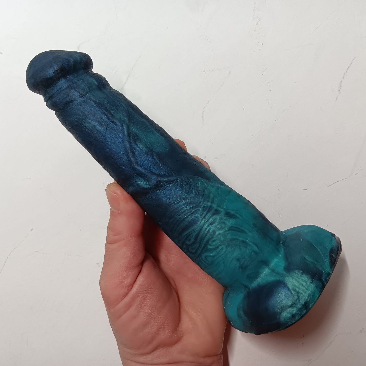 Shimmery Green Blue Black Unique B.J. Suction Dildo