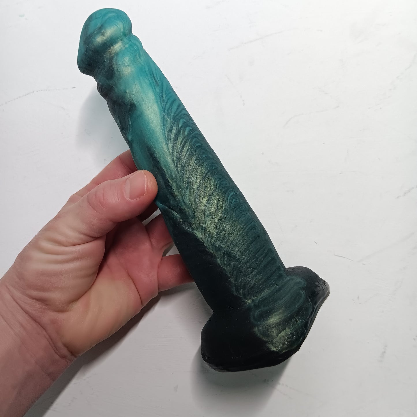 Shimmery Green and Black Unique B.J. Suction Dildo