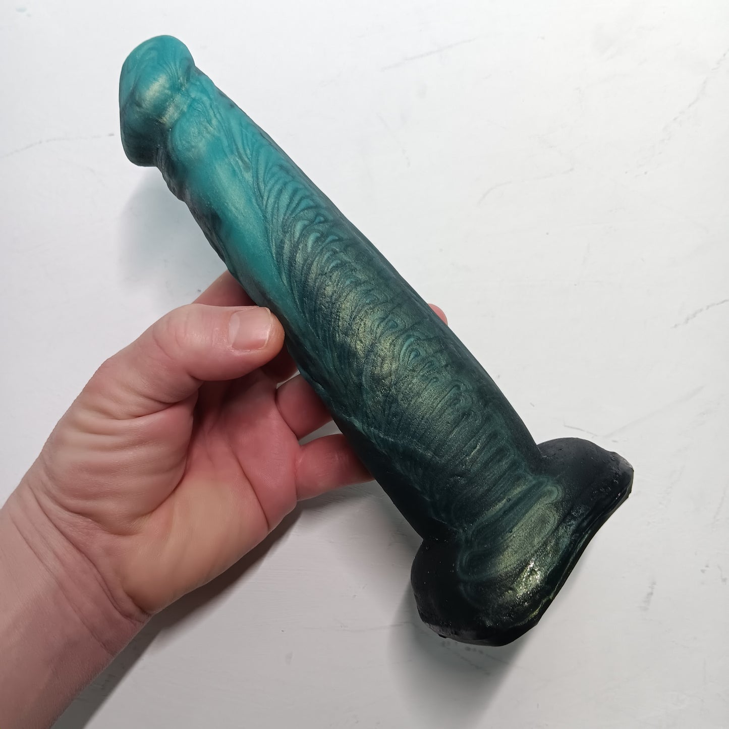 Shimmery Green and Black Unique B.J. Suction Dildo