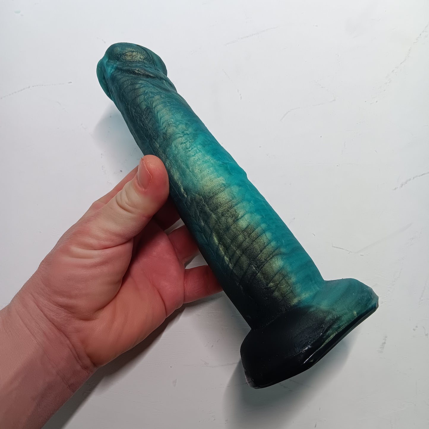 Shimmery Green and Black Unique B.J. Suction Dildo