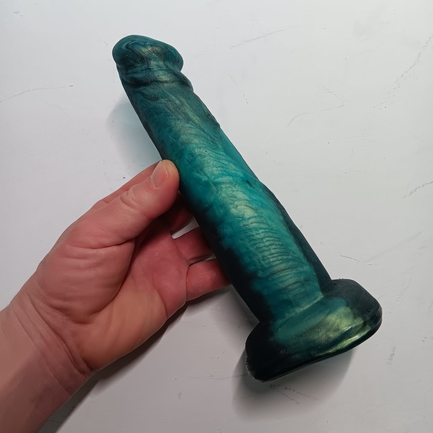 Shimmery Green and Black Unique B.J. Suction Dildo