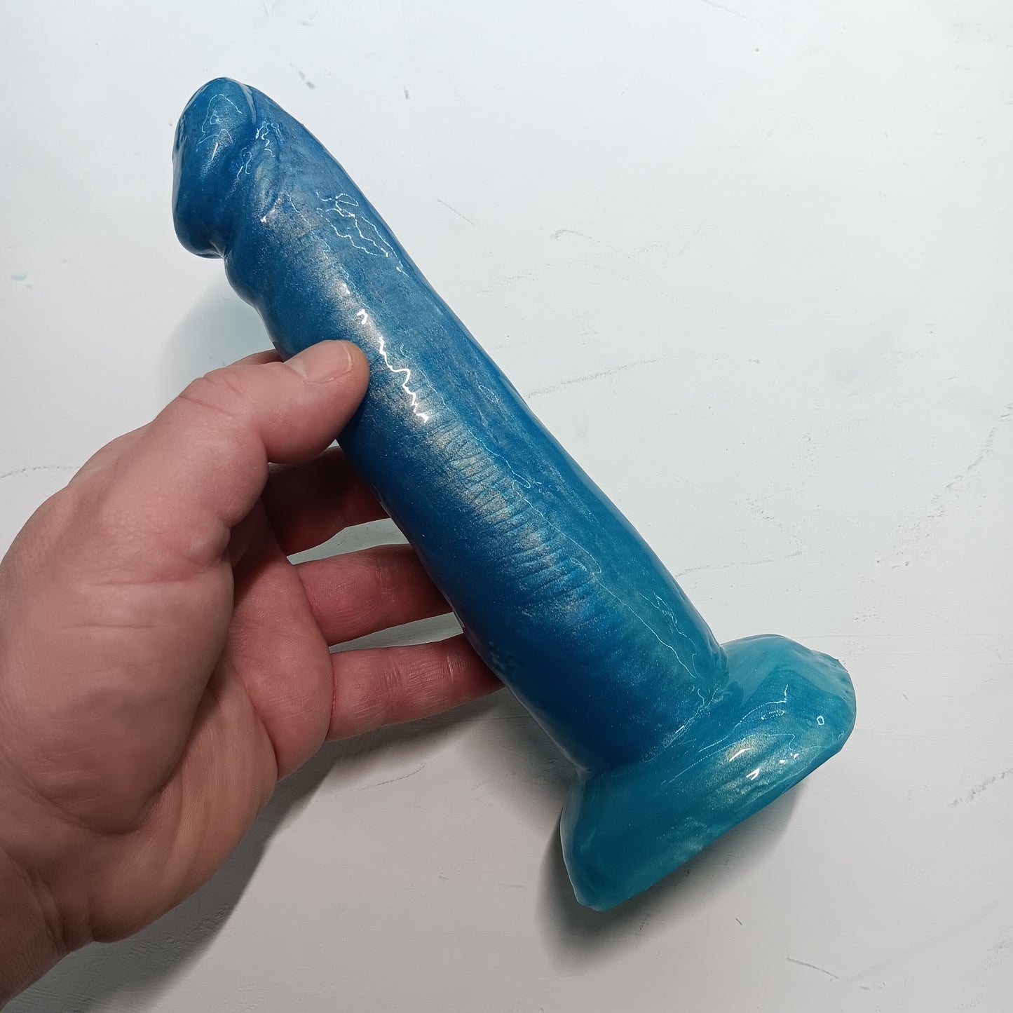 High-Gloss Shimmer Blue Unique B.J. Suction Dildo