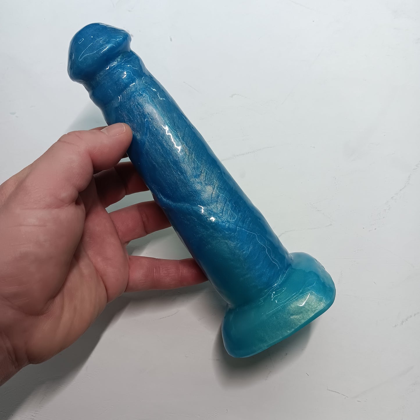 High-Gloss Shimmer Blue Unique B.J. Suction Dildo