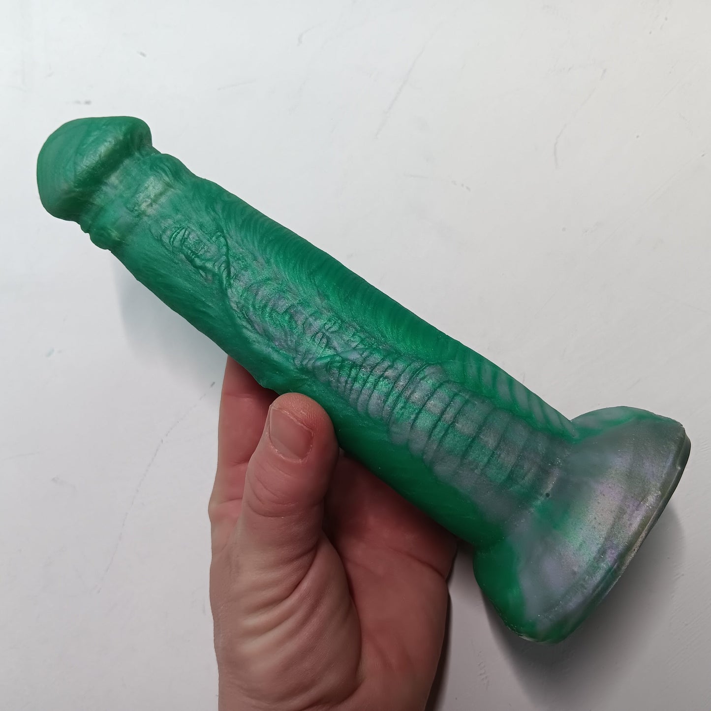 Green Silver Shimmer Unique B.J. Suction Dildo