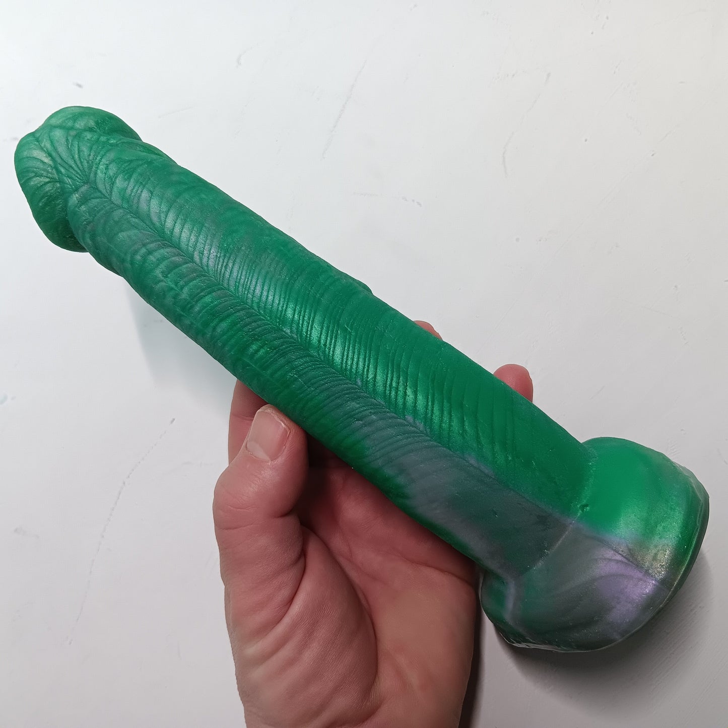 Green Silver Shimmer Unique B.J. Suction Dildo