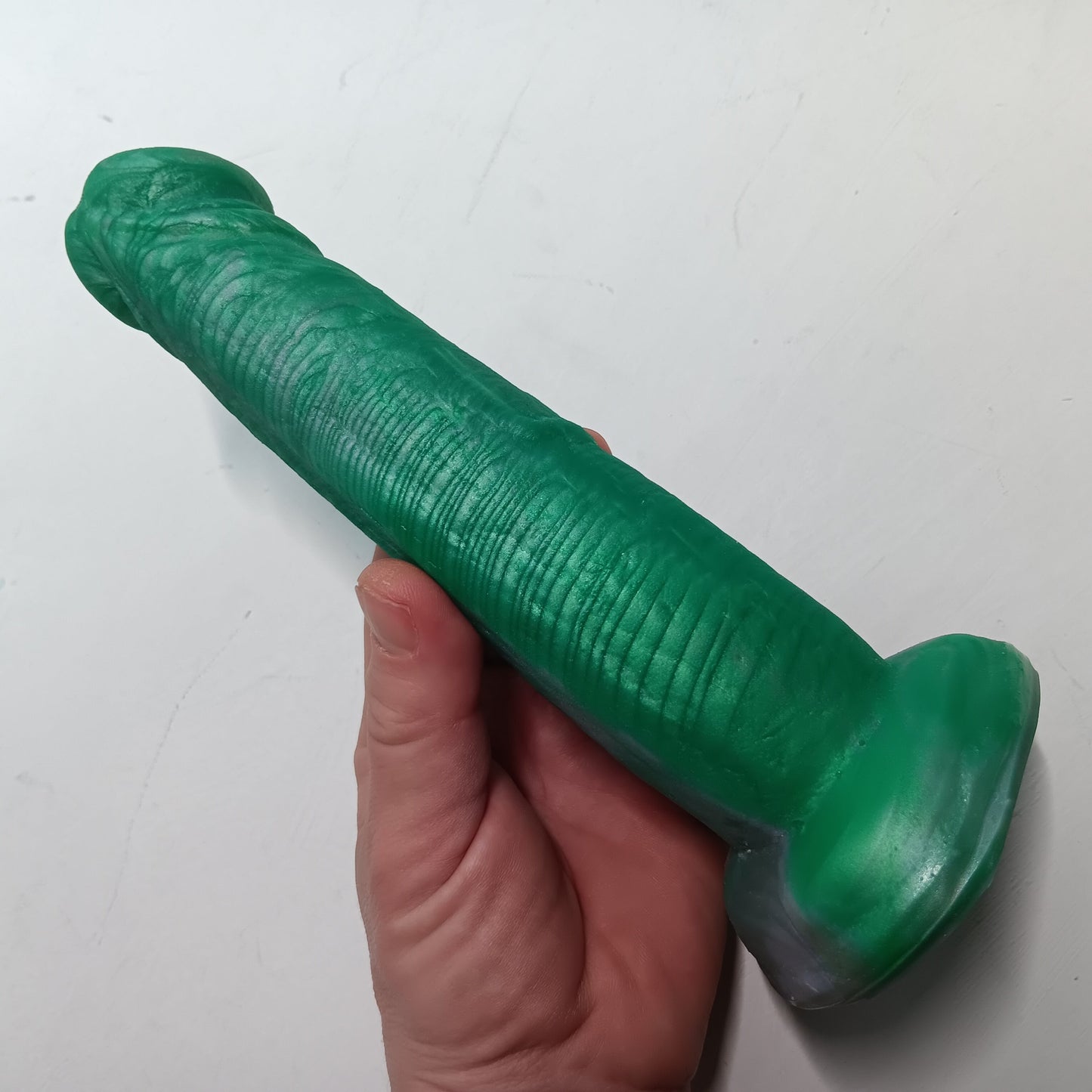 Green Silver Shimmer Unique B.J. Suction Dildo