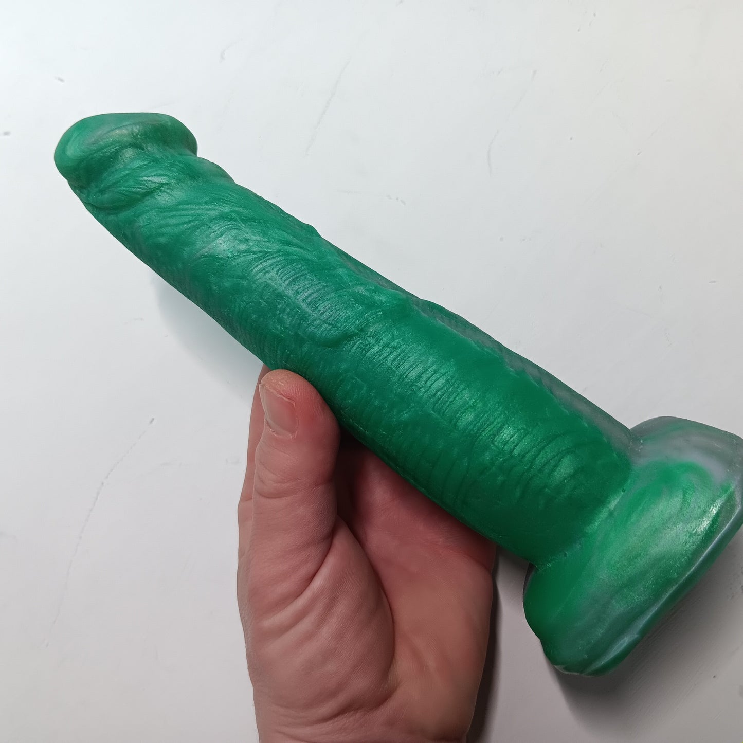 Green Silver Shimmer Unique B.J. Suction Dildo