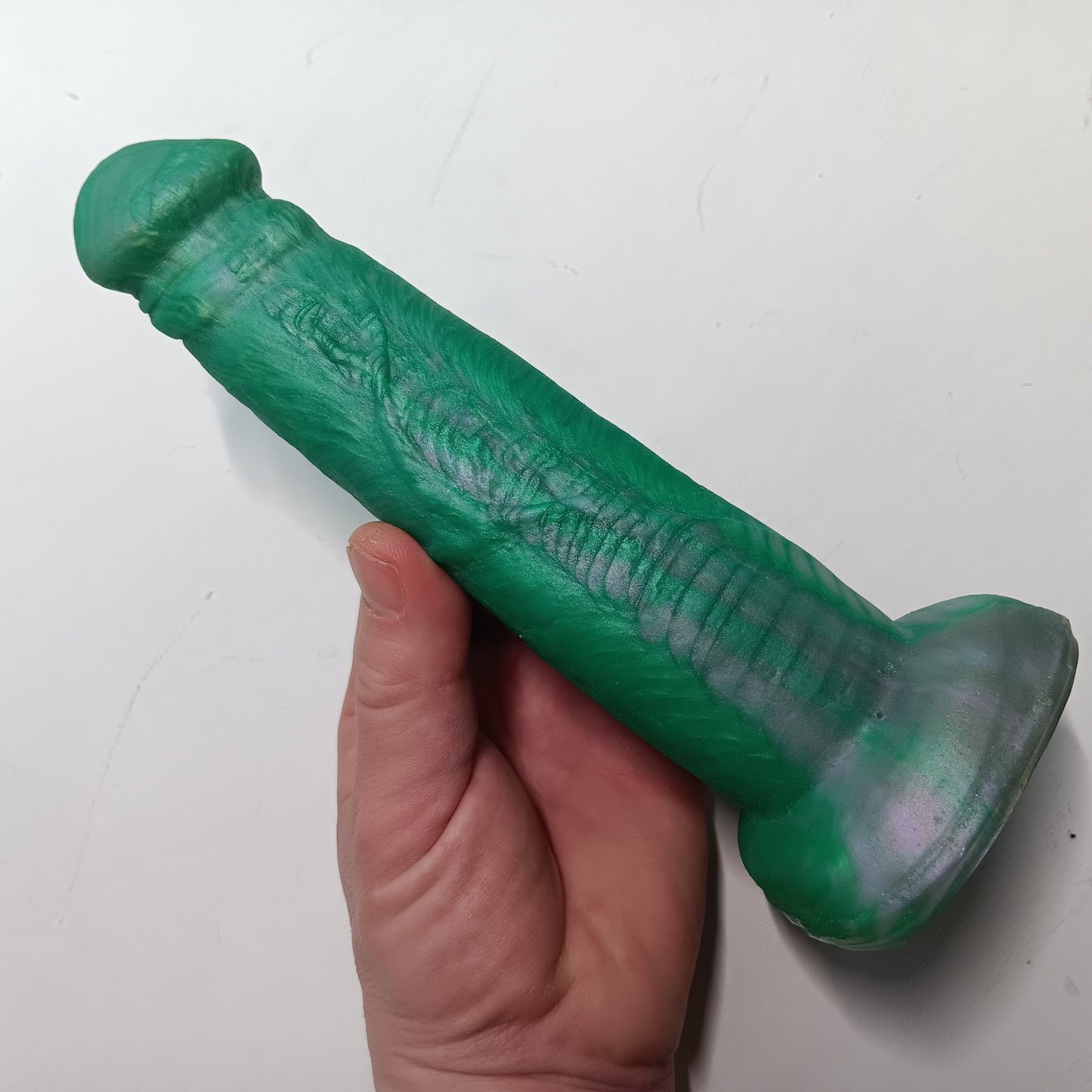 Green Silver Shimmer Unique B.J. Suction Dildo