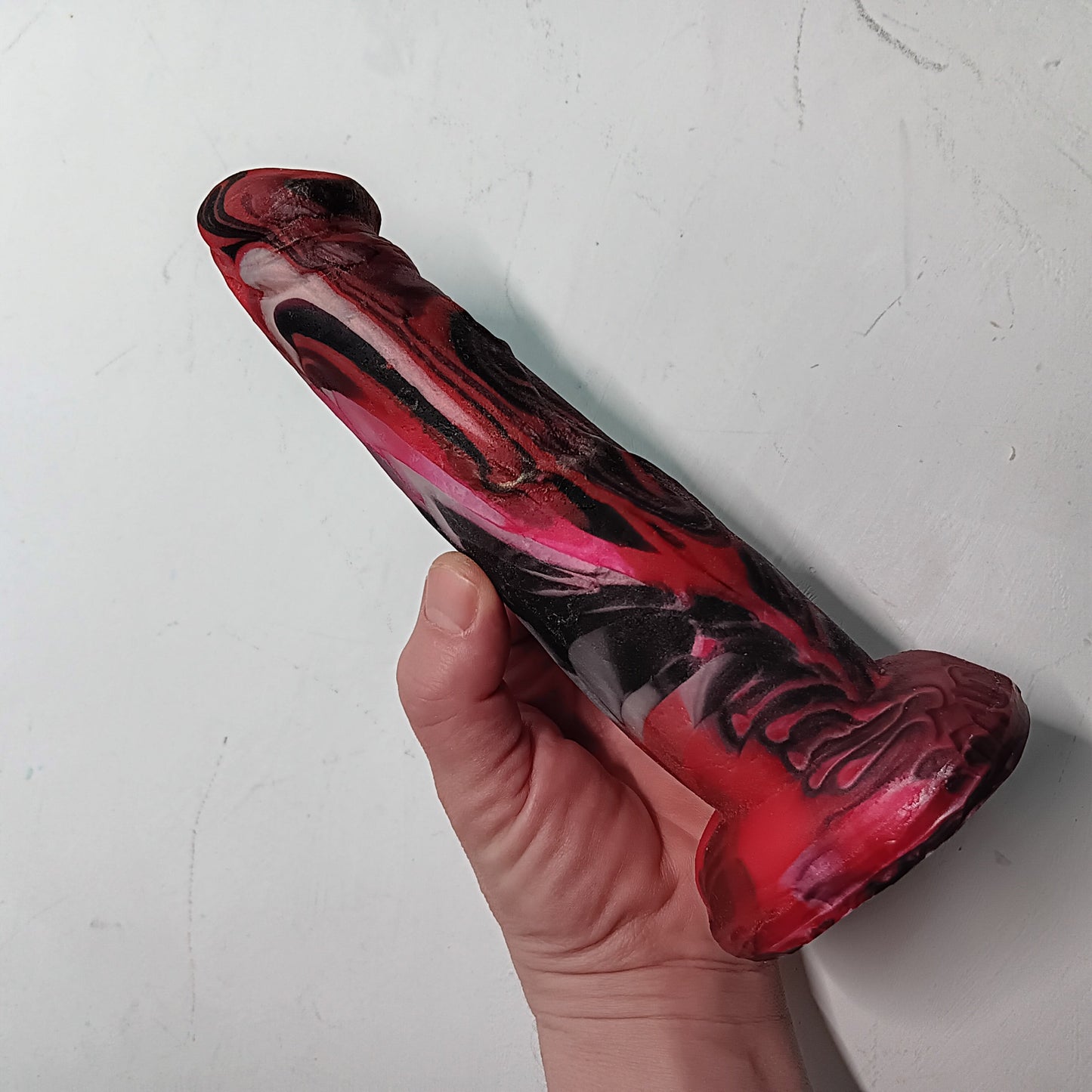 Red, Black, Silver Unique B.J. Suction Dildo