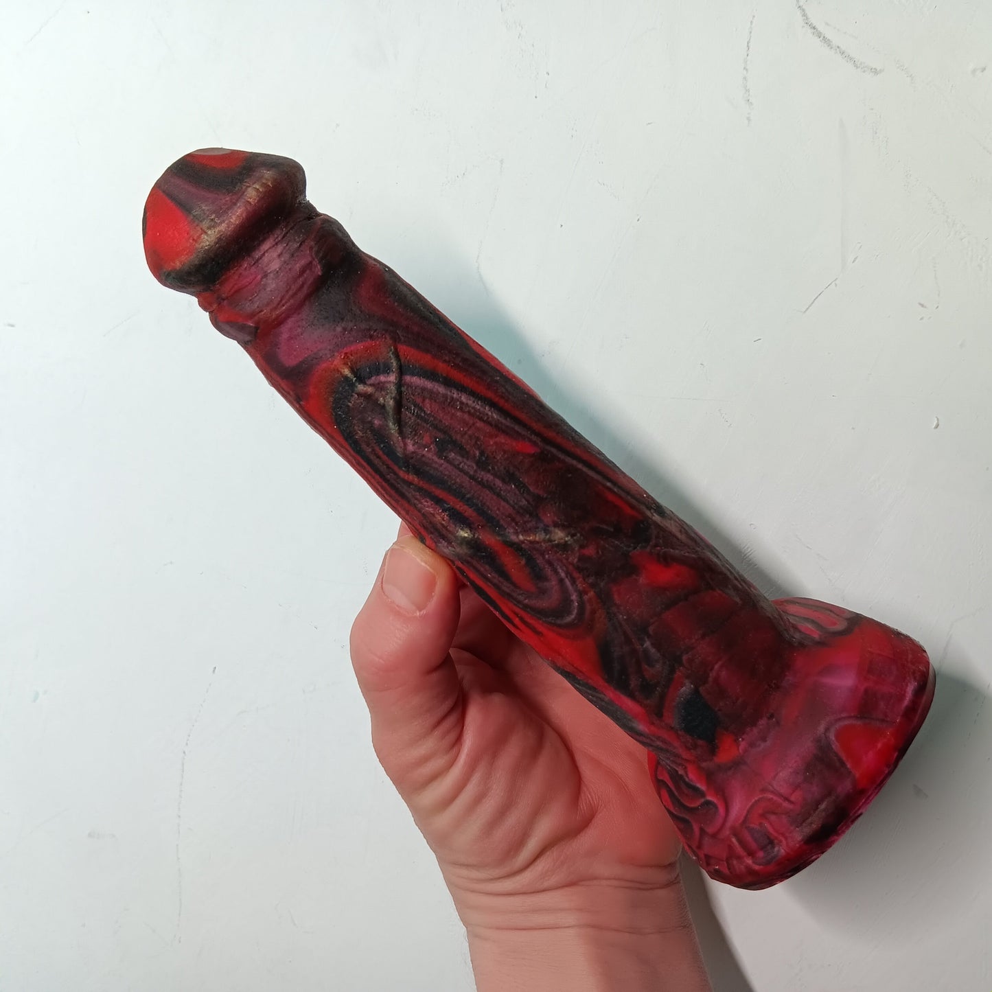 Red, Black, Silver Unique B.J. Suction Dildo