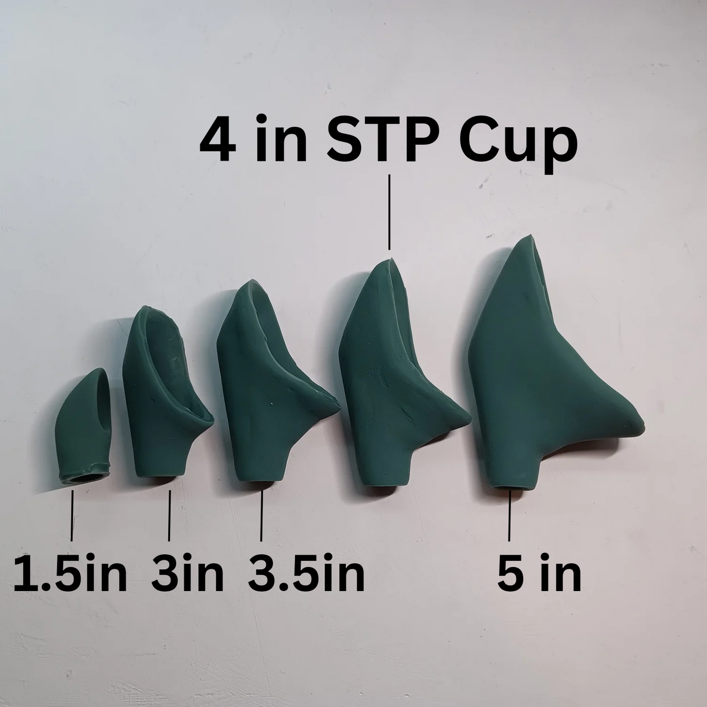 5 stp cups of each size lined up to show size