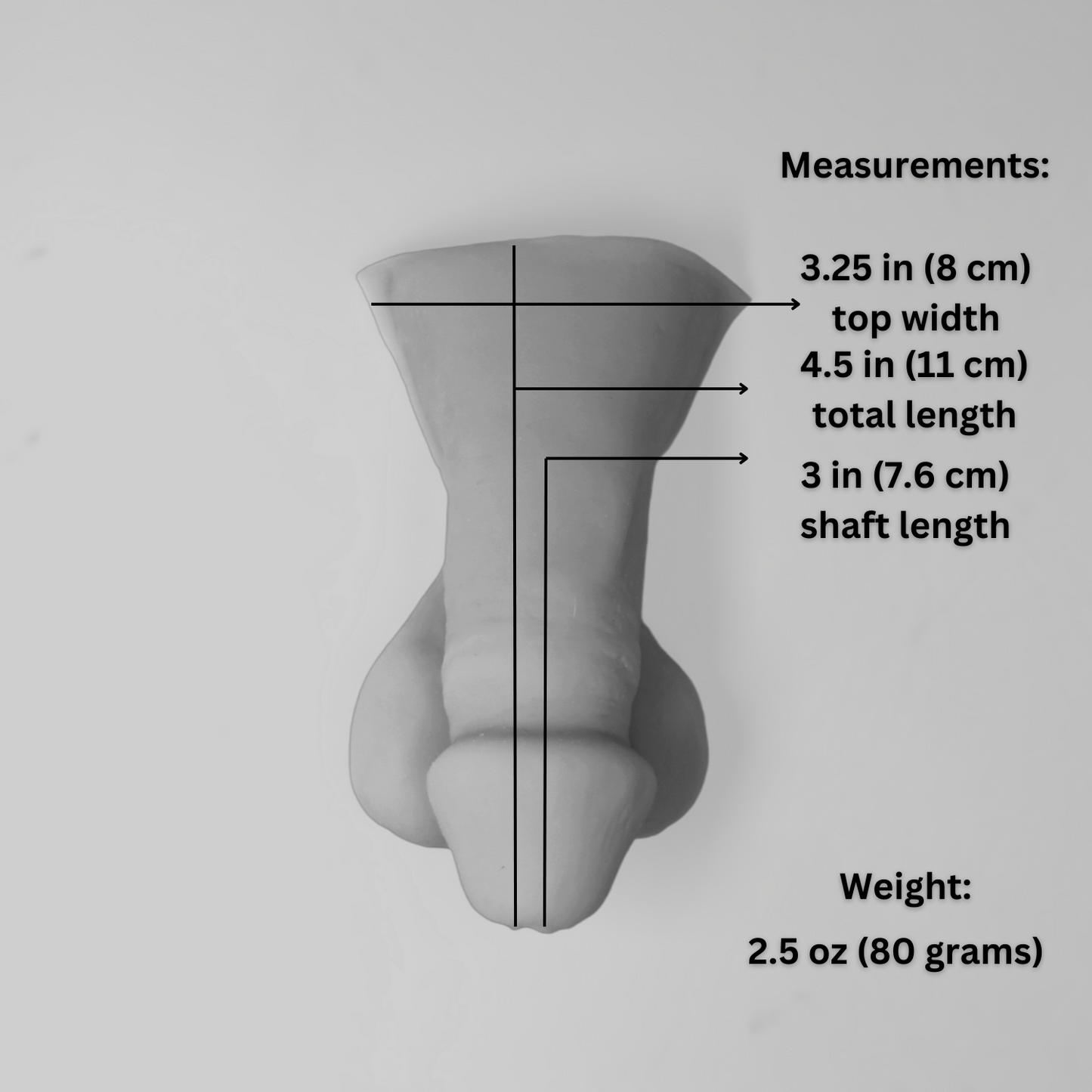 Product image of 3 inch STP Skin with measurements.  Total length- 4.5 in (11 cm). Shaft length- 3 inch (7.6 cm). Top width- 3.25 in (8 cm).  Weight- 2.5 oz (80 grams).