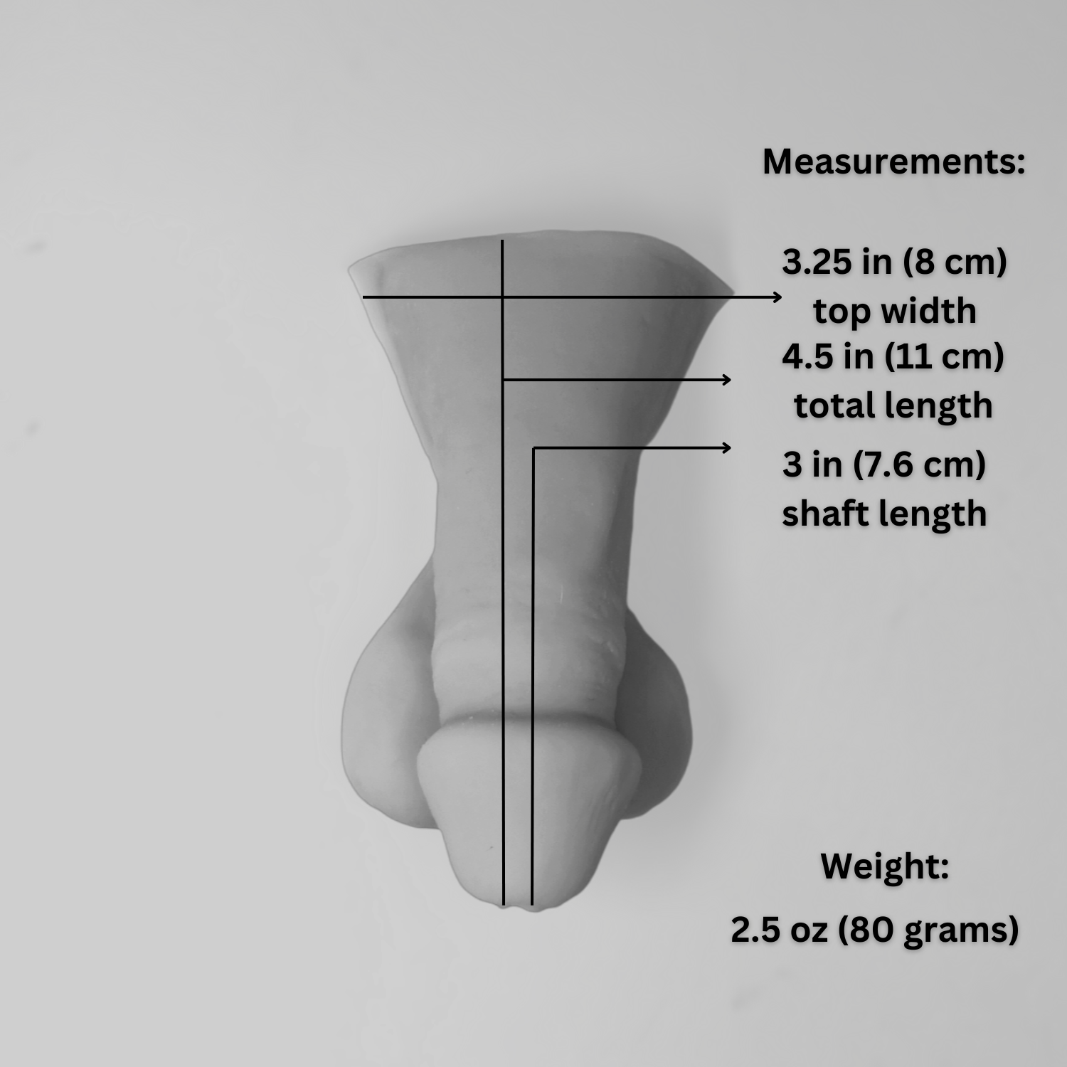 Product image of 3 inch STP Skin with measurements.  Total length- 4.5 in (11 cm). Shaft length- 3 inch (7.6 cm). Top width- 3.25 in (8 cm).  Weight- 2.5 oz (80 grams).