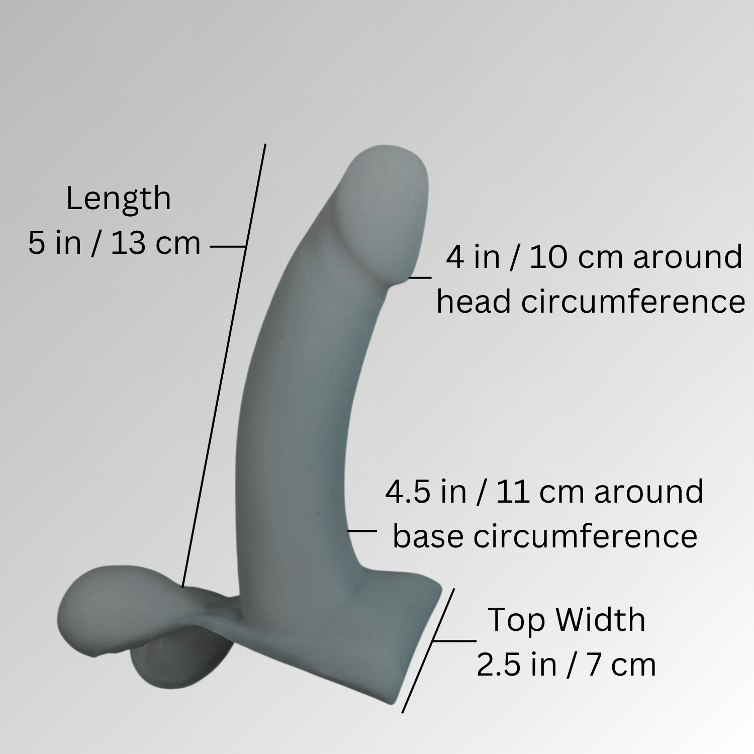 Illustration of measurements for the 5 inch / 13 cm Action Toys.  Length from base to tip 5 in / 13 cm.  4 in / 10 cm circumference around head.  4.5 in / 11 cm circumference around base.  2.5 in / 7 cm top of base width.