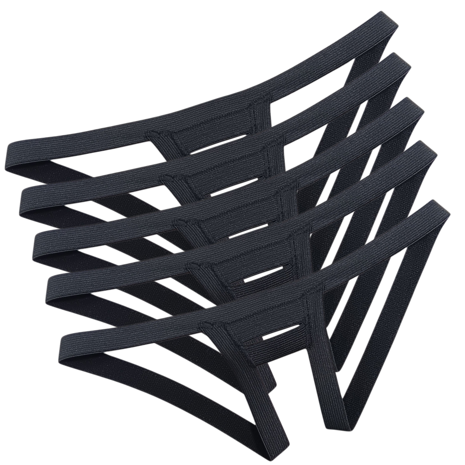 5 Black Slingshot Harnesses on a white background.