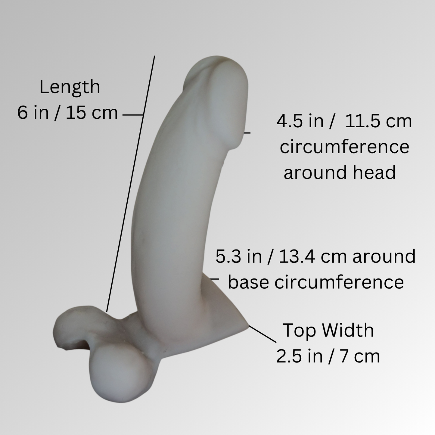 illustration showing measurements for the 6 in / 15 cm Action Toy length from base to tip 6 in / 15 cm,  circumference around head 45 in / 11.5 cm.  Circumference around base 5.3 in / 13.4 cm.  Top width of the base- 2.5 in  7 cm
