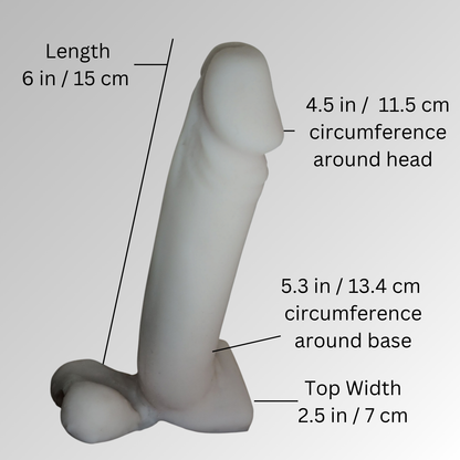 Illustration of 7 inch Action Toy with measurements Length from base to tip 6 in / 15 cm.  Circumference around head 4.5 in / 11.5 cm.  Circumference around base 5.3 in / 13.4 cm.  Width of the top of the base- 2.5 in / 7 cm.