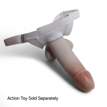 Action toy a white adjustable Slingshot harness on white background.  Text says "action toy sold separately'