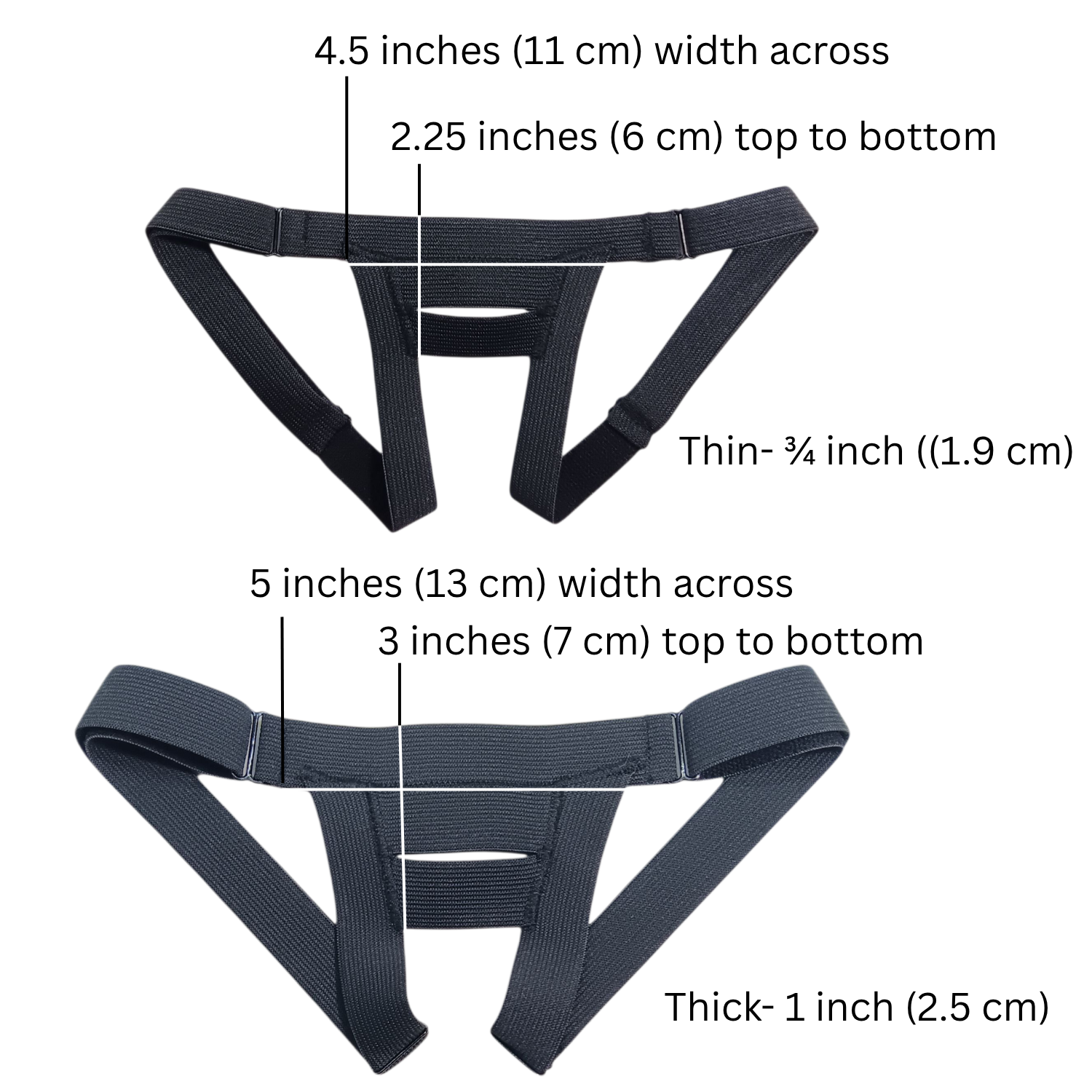 Measurement chart of the adjustable Slingshot harness.  Thin straps measure- front panel - 4.5 inches (11cm) width at the widest part at the top.  2.25 inches  (6 cm) top to bottom.  thick, 1 inch straps- 5 inches width across the widest part at the top of the front panel.  3 inches (7 cm) top to bottom.