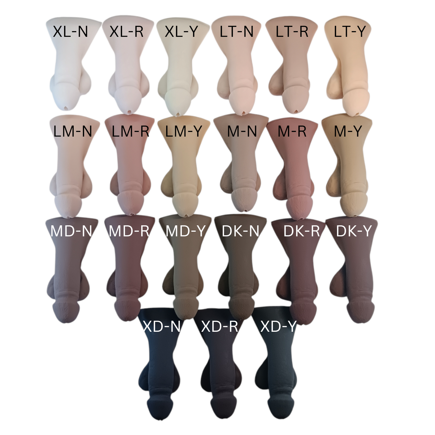 Photo of the 4 inch Skin in each of the 21 skin tones available. 