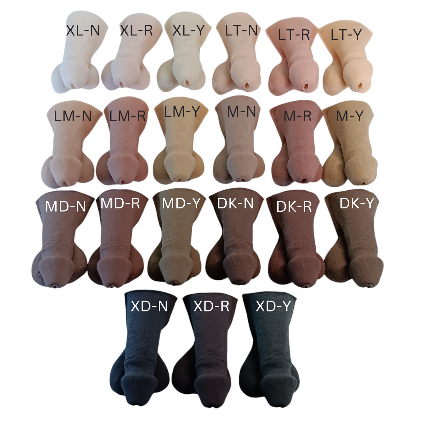 Image showing all 21 skin tone colors available in the 3 inch circumcised STP Skin