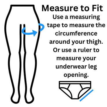 Illustration describing how to Measure to Fit the Slingshot harness- use a measuring tape to measure the circumference around your thigh.  Or use a ruler to measure your underwear leg opening.