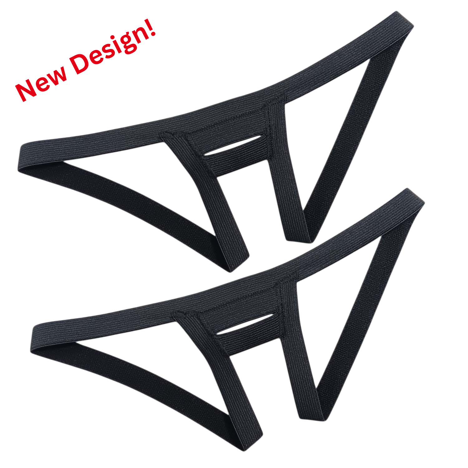 Two-pack slingshot fitted harnesses from Number One Laboratory shown on white background.  Small red print that says "New Design!"  