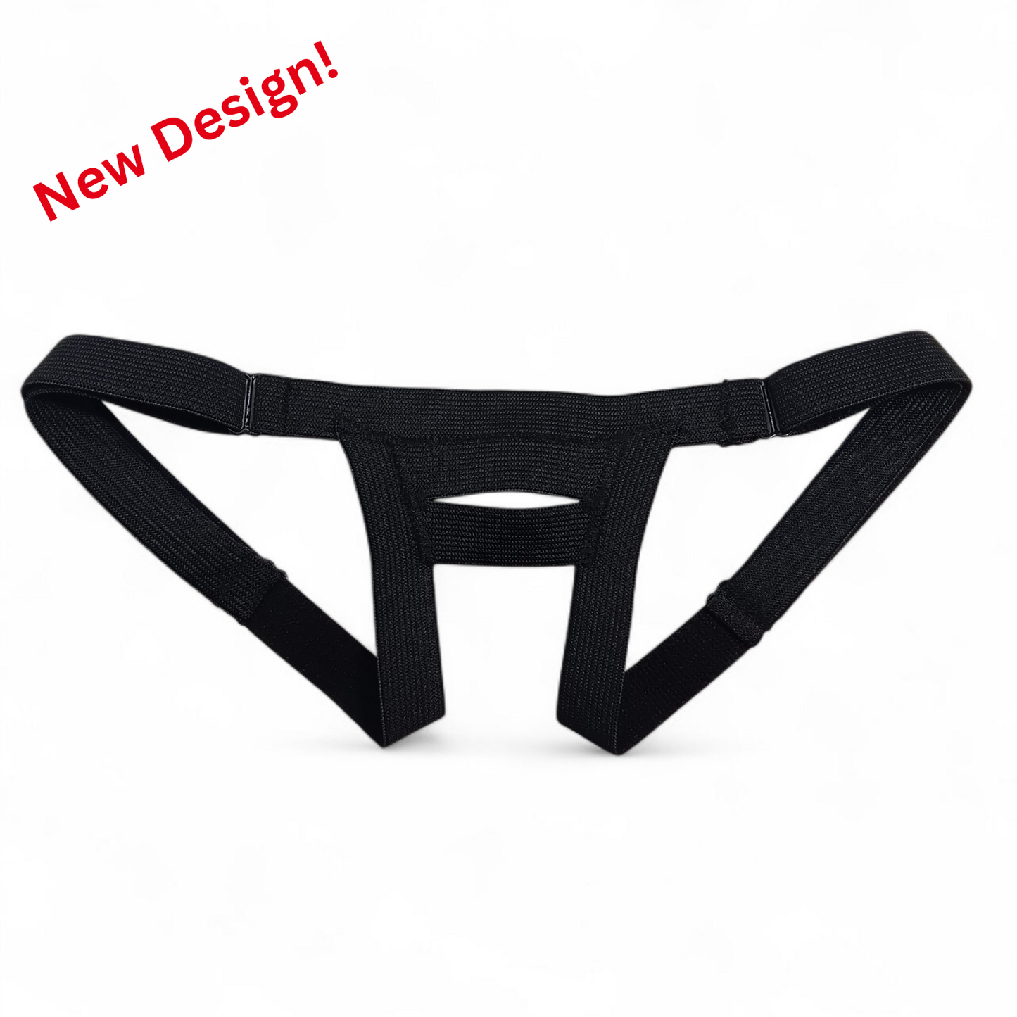 Black Slingshot adjustable harness from Number One Laboratory on white background.  Small red text says "new design!"