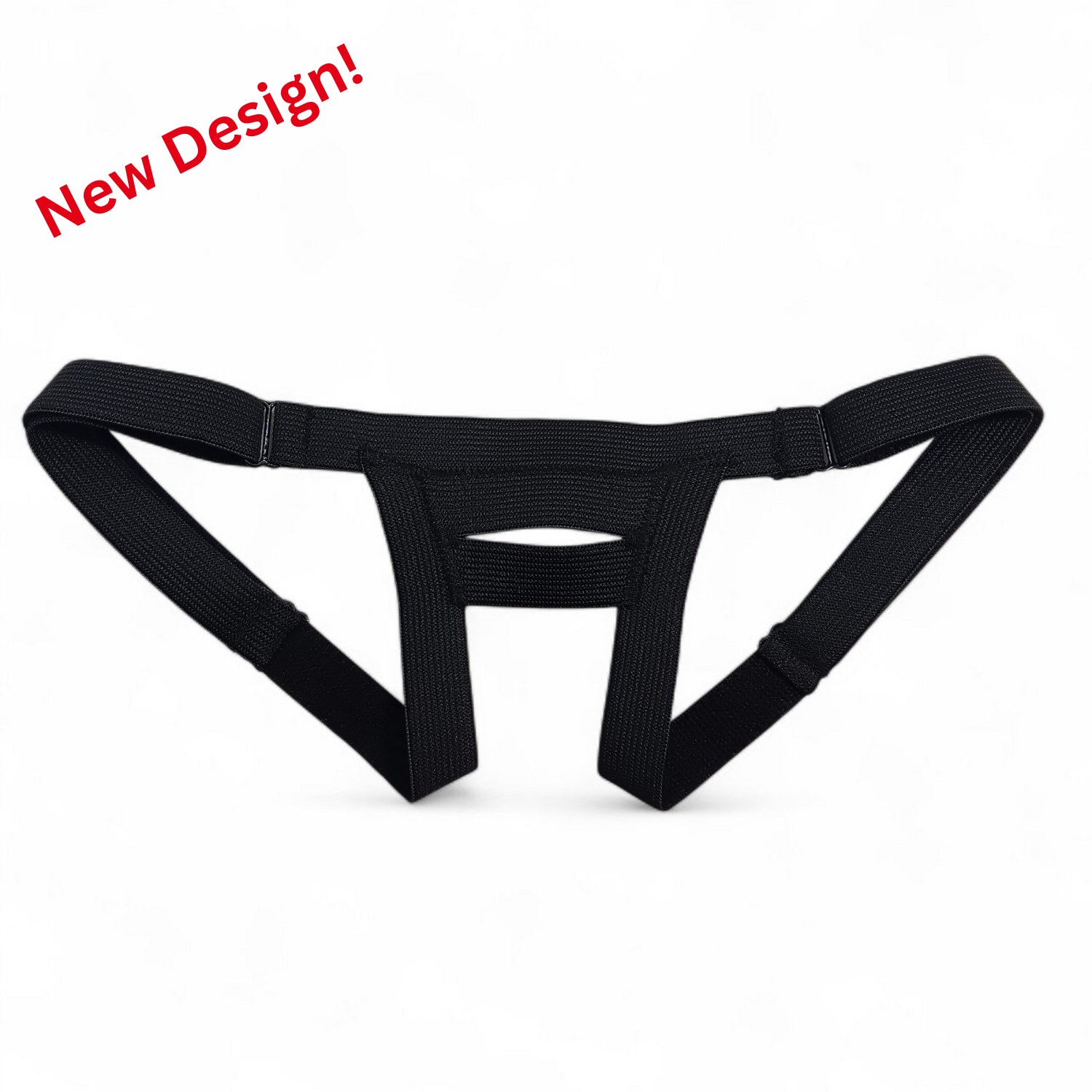 Black Slingshot adjustable harness from Number One Laboratory on white background.  Small red text says "new design!"