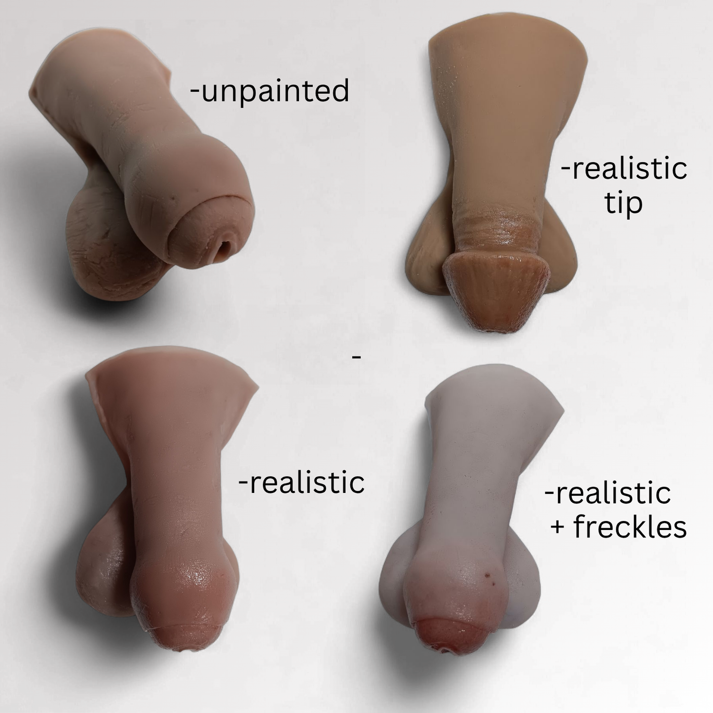 Image showing 4 variations of finish options for the STP Skins- unpainted, realistic tip, realistic, realistic + freckles