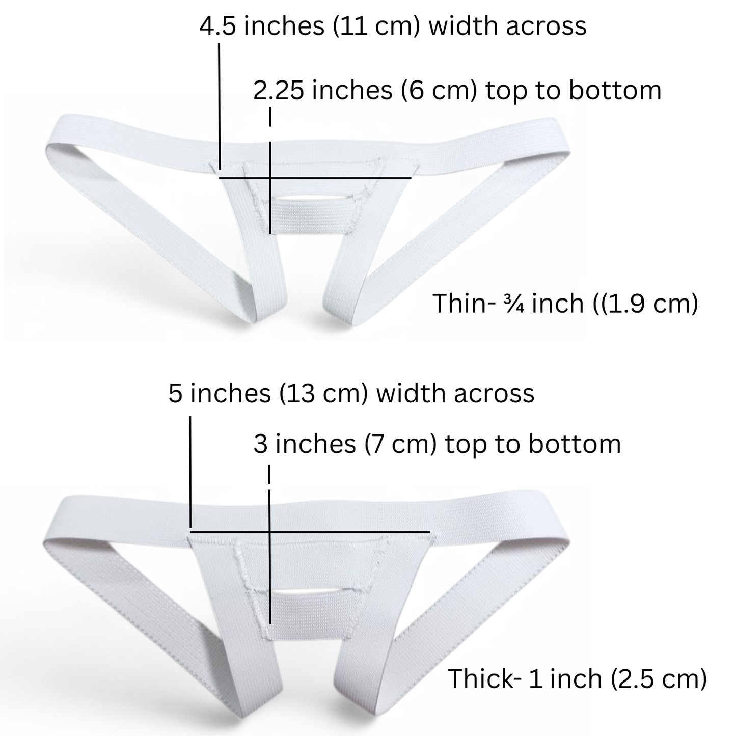 Image showing the measurements of the front panel on the thick and thin strap sling shot fitted harness.  Thin elastic is 2.25 inches top to bottom, and 4.5 inches across.  The Thick elastic is 5 inches across and 3 inches top to bottom.
