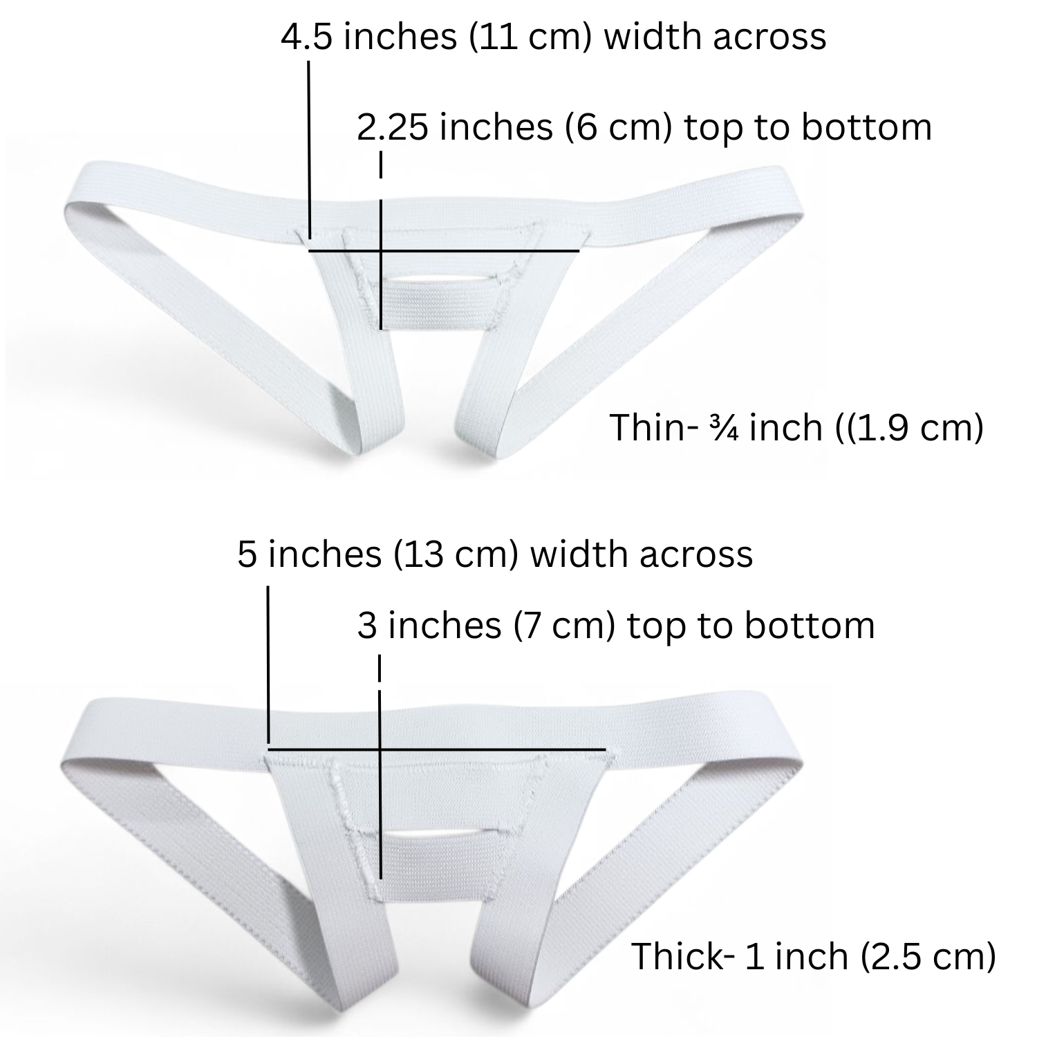 Image showing the measurements of the front panel on the thick and thin strap sling shot fitted harness.  Thin elastic is 2.25 inches top to bottom, and 4.5 inches across.  The Thick elastic is 5 inches across and 3 inches top to bottom.