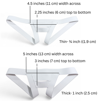 Image showing the measurements of the front panel on the thick and thin strap sling shot fitted harness.  Thin elastic is 2.25 inches top to bottom, and 4.5 inches across.  The Thick elastic is 5 inches across and 3 inches top to bottom.