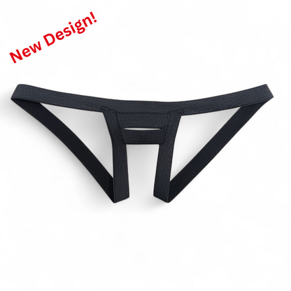Fitted Sling Shot Harness in thin black elastic on white background, small text says "New Design!"