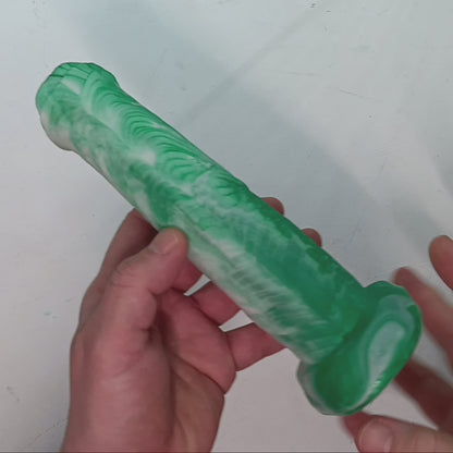 Green and White Unique B.J. Suction Dildo Platinum Silicone